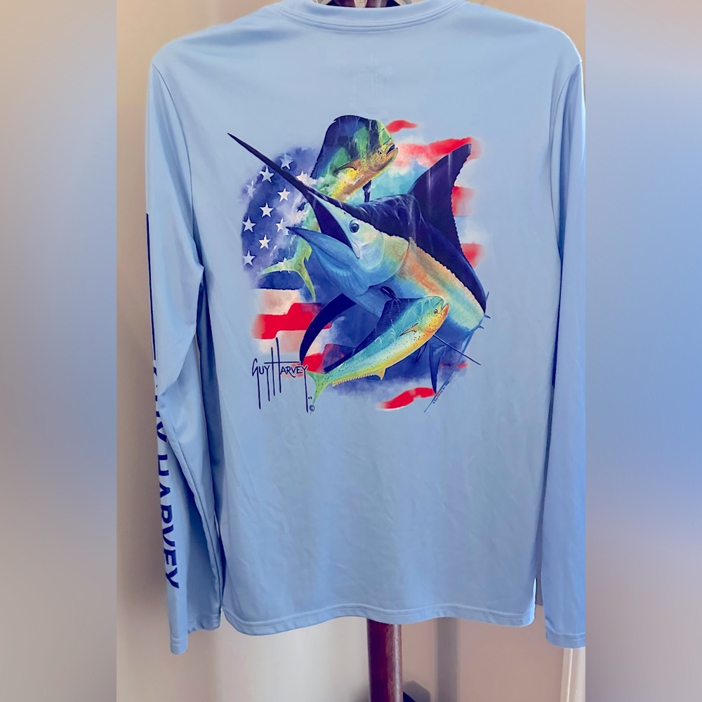 Guy Harvey Light Blue Shirt with Fish and Flag Design